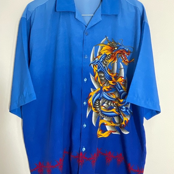 WINGO Shirt Mens Size XL Blue FIRE DRAGON Print Y2K SKATE Hawaiian VINTAGE - Picture 4 of 9